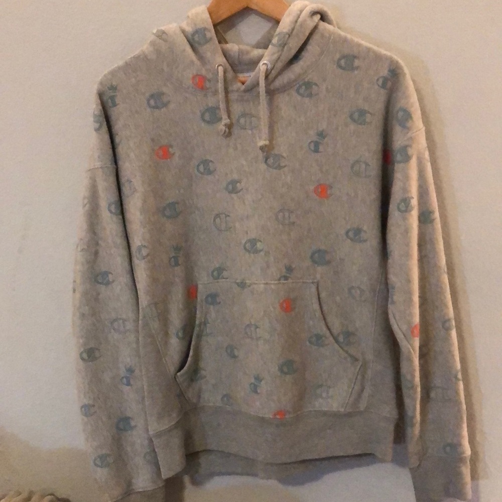 Champion Hoodie Sweatshirt M Gray Reverse Weave All Over Print Logo Y2K Vintage